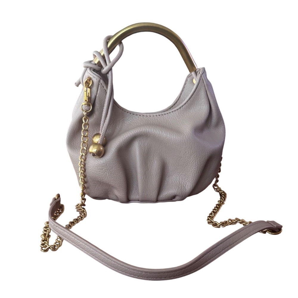 Antik Kraft Taupe Vegan Leather Hobo Bag Gold Metal Handle Crossbody EUC 5x7x4"